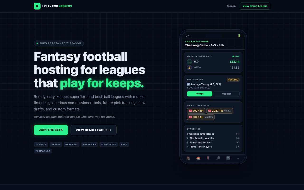 Screenshot of the live IPlayForKeepers site: a dark fantasy-football landing page reading “Fantasy football hosting for leagues that play for keeps,” with a phone mockup of the app.