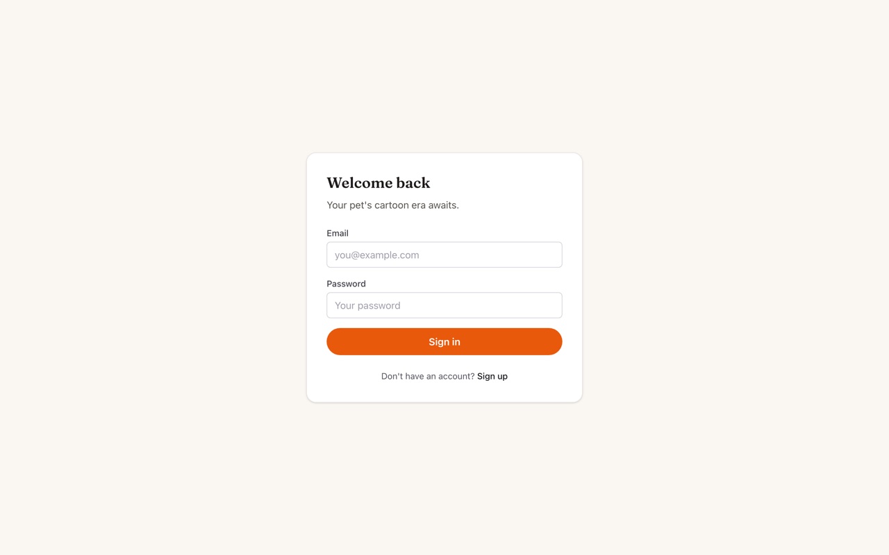 Screenshot of the My Cartoon Pet sign-in screen: a branded “Welcome back” card with email and password fields and a Sign in button. No real data is shown.