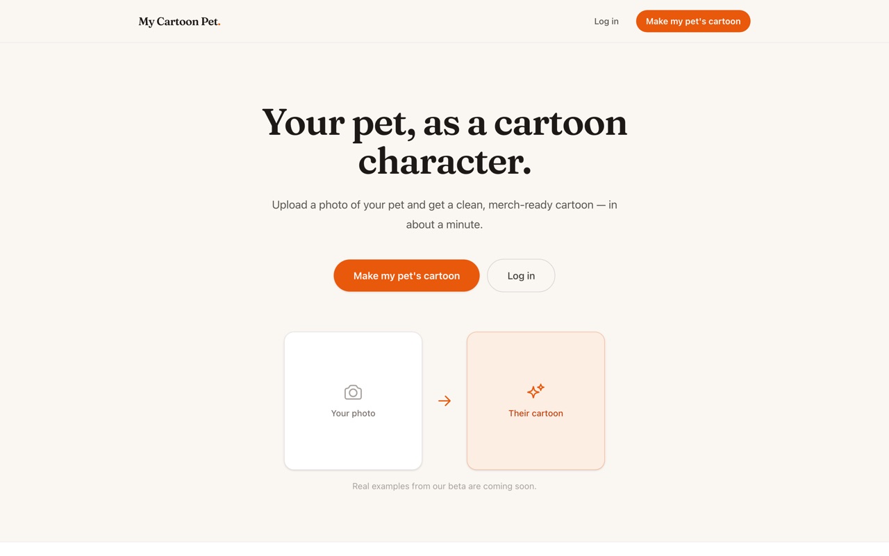 Screenshot of the My Cartoon Pet marketing homepage: a serif hero reading “Your pet, as a cartoon character,” a “Make my pet's cartoon” call to action, and a photo-to-cartoon how-it-works panel.