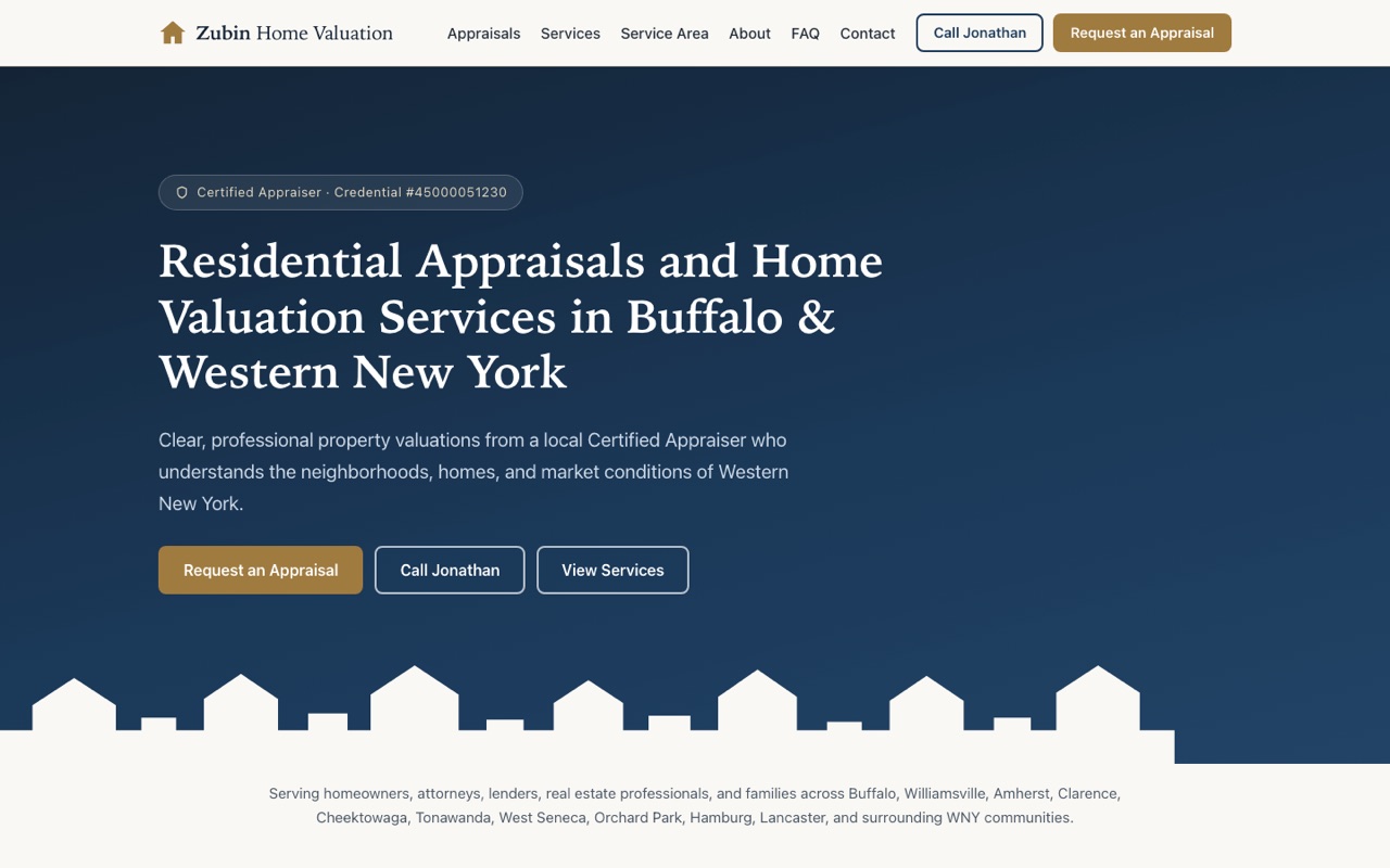 Screenshot of the live Zubin Home Valuation website: a professional hero reading “Residential Appraisals and Home Valuation Services in Buffalo & Western New York” with call-to-action buttons.